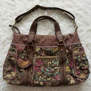 Fossil Large Boho Hippie Floral Multicolor Canvas Duffle Weekend Shoulder Bag